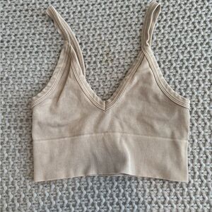 Beige Ribbed V-Neck Bralette